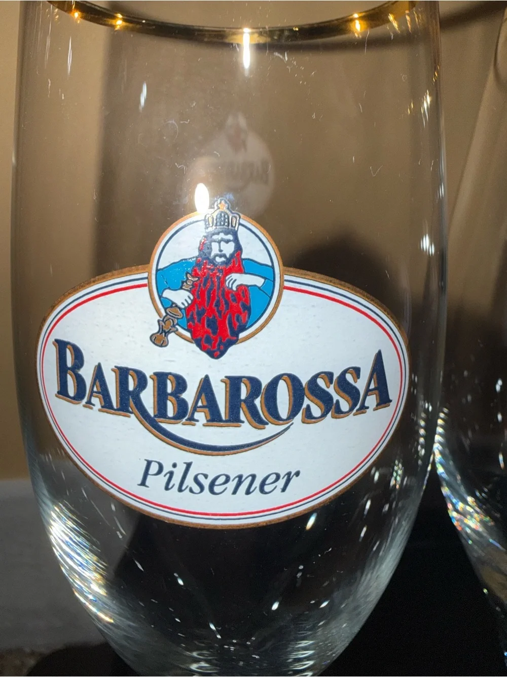 Two VintageBarbarossa Pilsener Glasses - Clear with Gold Rim
